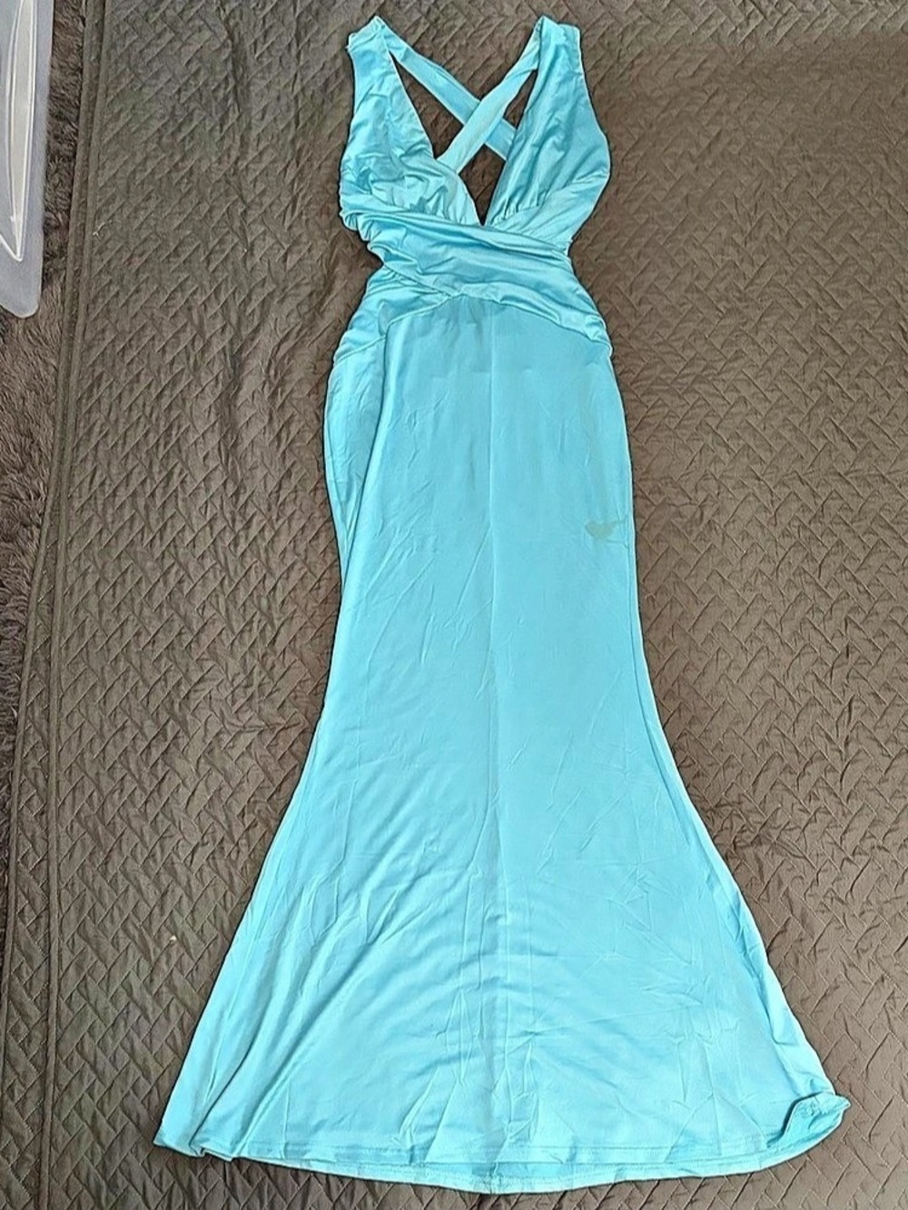 Aqua Blue Cross Back Ruched Maxi Dress Bodycon Mermaid Open Back